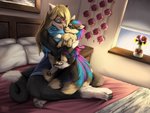 ambiguous_gender anthro bed blonde_hair breasts claws cleavage clothed clothing cuddling duo eyewear female feral flower fluffy fluffy_tail fur furniture glasses hair multi_tail multicolored_body multicolored_fur pillow plant tail ruolina ruo sinopa_(m18wolf) canid canine mammal