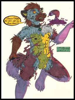 4_toes 5_fingers abs animal_genitalia anthro athletic athletic_anthro athletic_male balls black_border blood blood_from_mouth blood_in_mouth blue_eyes bodily_fluids border brown_body brown_fur claws clenched_teeth collar duo feet feral fingers fur fur_markings fur_tuft genitals grey_body grey_fur hair male male/male markings multicolored_body multicolored_fur nipples nude pawpads paws penis serpentine sheath simple_background spots spotted_body spotted_fur tail teeth text toe_claws toes toned_belly toned_body toned_male tuft white_background yellow_body yellow_fur yellow_sclera cougar_leon marvel javier_hernandez manic_klyntar alien hyena mammal reptile scalie snake spotted_hyena symbiote werecreature werehyena 2025 artist_name colored dated english_text hi_res marker_(artwork) signature traditional_media_(artwork)