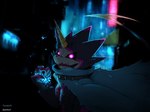 anthro belt black_body black_sclera blue_fire cape claws clothing colored_fire fire glowing glowing_eyes horn male solo gekkart bandai_namco digimon digimon_ghost_game digimon_(species) gulusgammamon 4:3 absurd_res hi_res