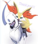 anthro arm_tuft black_body black_fur blue_body blue_eyes blue_fur blush cheek_tuft chest_tuft duo ear_tuft electronics eyelashes facial_tuft fangs female feral fur gem hair headphones horn hug looking_at_viewer open_mouth orange_body orange_fur orange_nose red_eyes riding shoulder_tuft smile teeth text tongue tuft white_body white_fur white_hair yellow_body yellow_fur eryz nintendo pokemon absol braixen canid canine generation_3_pokemon generation_6_pokemon mammal pokemon_(species) 2020 absurd_res english_text hi_res signature