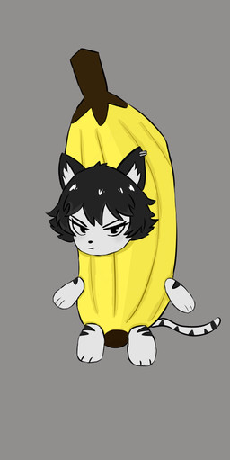 absurd anthro banana black_hair ear_piercing ear_ring female food fruit glossy_hair hair looking_at_viewer piercing plant ring_piercing short_hair solo striped_arms striped_legs razval valeria_(razval) domestic_cat felid feline felis hybrid mammal hi_res