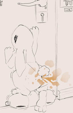 anthro anus balancing black_eyebrows black_eyes bodily_fluids bottle brown_fart_cloud butt container desperation door door_handle eyebrows eyelashes fart fart_cloud female looking_up motion_lines nude rabbit_ears reaching_up rear_view scut_tail semi-anthro shaking short_tail simple_background solo sweat sweaty_butt tail text white_background jubb lagomorph leporid mammal rabbit 2024 artist_name
