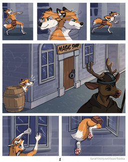 anthro antlers armor barrel green_eyes headgear helmet horn male multicolored_body orange_body sneaking tail two_tone_body haska canid canine deer fox mammal comic hi_res