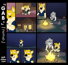 5_fingers afterimage anthro barefoot bed black_clothing black_eyes black_nose black_shirt black_tank_top black_topwear blue_clothing blue_shirt blue_topwear bottomwear campfire closed_smile clothed clothing duo eyes_closed feet fingers fur furniture green_bottomwear green_clothing green_pants head_tuft male male/male mane mouth_closed night outside pants runny_nose shaking shirt shivering sitting sitting_on_log smile tank_top topwear tuft waking_up warming_hands white_body white_fur white_mane yellow_body yellow_fur gabshiba gab_(comic) elion_(gabshiba) gab_shiba canid canine canis domestic_dog felid lion mammal pantherine shiba_inu spitz 2024 colored comic digital_drawing_(artwork) digital_media_(artwork)