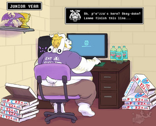 2_horns anthro arm_hair award barefoot belly belly_expansion belly_hair big_belly big_butt blonde_hair body_hair bottomwear box brown_bottomwear brown_clothing brown_pants butt chair clothing container desk ear_piercing expansion eyewear facial_hair feet fur furniture glasses goatee hair horn looking_back love_handles male morbidly_obese morbidly_obese_anthro morbidly_obese_male obese obese_anthro obese_male on_chair open_mouth overweight overweight_anthro overweight_male pants piercing pizza_box purple_clothing purple_shirt purple_topwear rolling_chair shirt simple_background sitting sitting_on_chair soda_bottle solo table text topwear trophy weight_gain white_background white_body white_fur widewobblyproductions deltarune godot_(game_engine) undertale undertale_(series) asriel_dreemurr bovid caprine goat mammal english_text