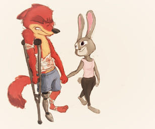 amputee anthro bandage barefoot blood bodily_fluids clenched_teeth clothed clothing crutch cybernetics dipstick_tail disability duo eyes_closed feet female fully_clothed fur grey_body grey_fur hand_holding long_ears machine male markings medical_instrument multicolored_tail orange_body orange_fur prosthetic prosthetic_limb purple_eyes scientific_instrument short_tail simple_background standing tail tail_markings tan_body tan_fur teeth topless walking white_background wounded sprinkah disney zootopia judy_hopps nick_wilde canid canine fox lagomorph leporid mammal rabbit red_fox true_fox hi_res