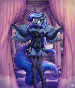 anthro armwear back_wings bare_shoulders bedroom blue_body blue_eyes blue_fur blue_hair breasts bridal_gauntlets choker cleavage clothed clothing corset curtains elbow_gloves feathered_wings feathers female fetlocks fur garter_straps gloves hair handwear hoof_hands horn inside jewelry knock-kneed legwear lingerie long_hair necklace open_mouth open_smile panties smile solo sparkles sparkling_hair stockings strapless_clothing strapless_underwear thigh_highs thighs_together topwear underwear wings king-kakapo friendship_is_magic hasbro my_little_pony mythology princess_luna_(mlp) equid equine mammal mythological_creature mythological_equine winged_unicorn 2018 hi_res portrait three-quarter_portrait