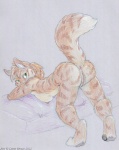 anthro anus ass_up breasts brown_body brown_fur butt female fur furniture genitals green_eyes looking_at_viewer looking_back nipples nude presenting presenting_hindquarters pussy raised_tail seductive simple_background sofa solo tail curiodraco felid mammal