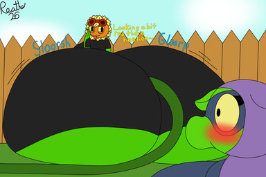 big_breasts big_butt black_bottomwear black_clothing black_eyes black_shirt black_shorts black_topwear blonde_hair blue_clothing blue_leotard blue_mask blue_sky blush bottomwear breasts butt butt_expansion cape clothing cloud dialogue duo expansion eyelashes eyewear eyewear_on_head female fence flower freckled_face freckles glorp goggles goggles_on_head grass green_body green_hair hair hood hose hose_in_butt hose_inflation huge_breasts huge_butt hyper hyper_butt hyper_inflation inflation leaf leaf_arms leaf_hair leotard liquid_inflation looking_at_another looking_back looking_back_at_another motion_lines not_furry onomatopoeia orange_face outside petal_hair petals plant plant_hair pseudo_hair purple_cape purple_clothing purple_hood red_eyewear red_goggles red_tongue shirt shorts siphon_(anatomy) sky slorsh smile smiling_at_another sound_effects swelling talking_to_another teasing text tight_clothing tongue tongue_out topwear water_inflation yellow_petals yellow_sclera reathe electronic_arts plants_vs._zombies plants_vs._zombies_heroes popcap_games green_shadow solar_flare_(pvz) elemental_creature elemental_humanoid flora_fauna flower_creature humanoid peashooter_(pvz) plant_humanoid sunflower_(pvz) 2026 3:2 colored digital_media_(artwork) english_text flat_colors hi_res signature