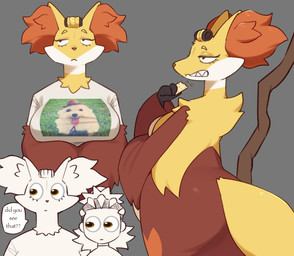 anthro breasts butt clothing dialogue duo emoji female fur male male/female red_body red_fur red_nose simple_background speech_bubble standing white_body white_fur yellow_body yellow_fur svkhaiminh meme_clothing nintendo pokemon bastien_(any-low-be) vix_(any-low-be) delphox generation_6_pokemon human mammal pokemon_(species) hi_res meme