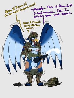 anthro armor backpack big_breasts big_penis blue_body blue_feathers blue_fur blush bodily_fluids breasts camo claws clothing cum dialogue ejaculation feathers fur gender_transformation genital_fluids genitals gloves gun gynomorph handwear headgear helmet holding_breast holding_penis intersex looking_pleasured military_uniform mtg_transformation mti_transformation paws penis ranged_weapon shaking solo text tongue tongue_out torn_clothing transformation uniform weapon wings goldengryphon flexible_survival mythology avian gryphon mythological_avian mythological_creature english_text hi_res