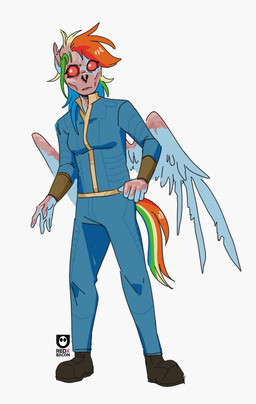 anthro blue_body boots clothing feathered_wings feathers female footwear hair multicolored_hair notched_ear overalls rainbow_hair red_eyes shoes simple_background solo white_background wings redxbacon fallout friendship_is_magic hasbro microsoft my_little_pony mythology rainbow_dash_(mlp) equid equine ghoul_(fallout) mammal mythological_creature mythological_equine pegasus hi_res
