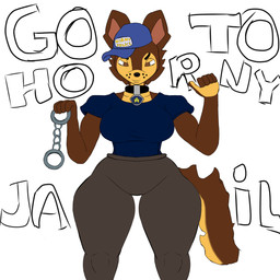 anthro big_breasts blue_clothing blue_shirt blue_topwear bottomwear breasts brown_body brown_eyes brown_fur clothing crossgender cuff_(restraint) female fur handcuffs hat headgear headwear looking_at_viewer metal_cuffs naughty_face pants police police_uniform restraints shirt solo thick_thighs topwear uniform wide_hips yellow_body yellow_fur kaikalitsu go_to_horny_jail paw_patrol chase_(paw_patrol) canid canine canis domestic_dog german_shepherd herding_dog mammal pastoral_dog 1:1 hi_res meme