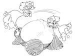 admiring anthro duo evil_grin female female/female overweight overweight_female possession scheming smile stuffing weight_gain abunbot avian bird felid feline ghost mammal penguin spirit hi_res sketch