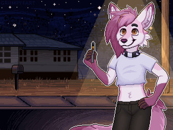 ambiguous_gender anthro building clothing collar crop_top drugs fur hand_on_hip house marijuana night pink_body pink_fur shirt solo speech_bubble tail tail_motion topwear vape vaping grumpyfart canid canine fox mammal 4:3 animated digital_media_(artwork) loop pixel_(artwork) pixel_animation andromorph_(lore)