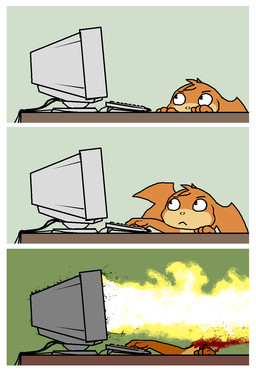 computer electronics fire gore head_wings humor internet keyboard killing male membrane_(anatomy) membranous_wings monitor oops solo unusual_wing_placement what wings darkdoomer bandai_namco digimon patachu digimon_(species) patamon aliasing digital_media_(artwork) hi_res
