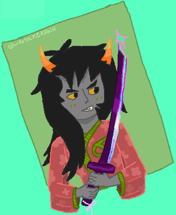 black_hair clothed clothing female grey_body grey_skin hair holding_katana holding_melee_weapon holding_object holding_sword holding_weapon horn katana long_hair melee_weapon orange_horn purple_sword solo sparkles sword weapon yellow_eyes capegloam homestuck ms_paint_adventures fan_character alien humanoid troll_(homestuck) 2020 aliasing bust_portrait cel_shading digital_drawing_(artwork) digital_media_(artwork) low_res magma_(artwork) portrait shaded