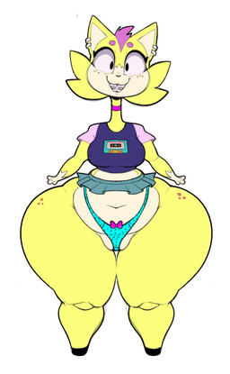 4_fingers anthro belly big_breasts big_eyes biped black_eyes black_hooves black_nose blue_clothing blue_thong blue_underwear bottom_heavy bottomwear bow_panties bow_underwear braces breasts brown_freckles buckteeth camel_toe cassette_tape cheek_tuft choker clothed clothed_anthro clothed_female clothing countershade_crotch countershade_face countershade_torso countershading ear_piercing ear_ring eyebrows eyelashes facial_tuft female female_anthro fingers freckled_face freckled_hips freckles front_view fur genitals gloves_(marking) gums hair handpaw hooves huge_hips hyper hyper_hips ineffective_clothing jewelry long_neck looking_at_viewer markings miniskirt navel necklace nerd nipple_outline overweight overweight_anthro overweight_female panties paws pear-shaped_figure piercing pink_bow pink_choker pink_gums pink_jewelry pink_necklace pleated_skirt plump_labia pointy_ears prick_ears purple_eyebrows purple_hair pussy_floss ring_piercing shirt short_hair simple_background skirt smile smiling_at_viewer solo t-shirt tan_inner_ear teeth thick_thighs thong toony topwear tuft underwear unguligrade vulva white_background white_piercing wide_hipped_anthro wide_hipped_female wide_hips yellow_body yellow_ears yellow_fur yellow_tuft dongitos lima_iii_(dongitos) catrobis felid mammal 2024 absurd_res digital_drawing_(artwork) digital_media_(artwork) english_description full-length_portrait hi_res portrait