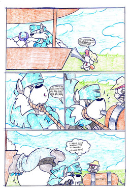 anthro belly big_belly blue_clothing blue_hair blue_shirt blue_topwear clothing duo female gun hair inflation male outside ranged_weapon shirt speech_bubble text topwear weapon virus-20 wendy_wolf_(virus-20) canid canine canis domestic_dog mammal wolf 2008 comic english_text