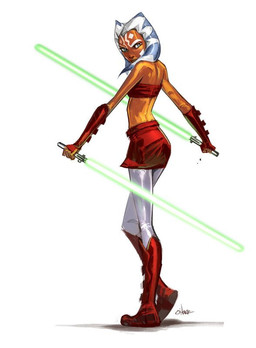 adolescent bandeau blue_eyes blue_lekku border bottomwear clothing crop_top dual_wielding female female_adolescent green_lightsaber holding_lighter holding_object holding_weapon lighter lightsaber looking_at_viewer melee_weapon miniskirt not_furry orange_body orange_skin shirt simple_background skirt solo topwear tube_top weapon white_background white_border white_lekku young unknown_artist star_wars star_wars:_the_clone_wars ahsoka_tano alien humanoid togruta source_request