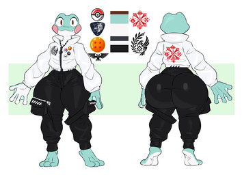 anthro bondage_pants bottomwear cheek_spots clothing green_body green_skin hoodie male membrane_(anatomy) multicolored_body multicolored_skin pants simple_background smile solo topwear two_tone_body two_tone_skin webbed_hands wide_eyed jinu kc_(kingclown) amphibian frog 2024 digital_media_(artwork) hi_res model_sheet