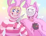 ambiguous_gender anthro blonde_hair blue_eyes bomb claws duo explosives fake_ears fake_rabbit_ears fur hair hand_on_shoulder holding_knife holding_object holding_weapon hood knife male mask pink_body pink_fur sharp_teeth teeth tongue tongue_out weapon ivory-luxray popee_the_performer onomadek popee_(popee_the_performer) canid canine canis human mammal wolf 2017