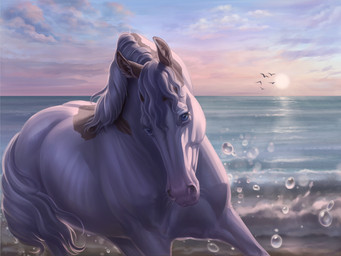 ambiguous_feral ambiguous_gender blue_eyes curled_fur curled_tail curly_hair detailed_background feral fur hair light mane multicolored_body multicolored_fur outside photorealism pink_nose quadruped realistic ribs rimlight sea seaside shore shoreline solo splashes splashing_water sun sunlight tail water beesa equid equine horse mammal pinto pinto_horse 2022 4:3 digital_media_(artwork) digital_painting_(artwork) hi_res painting_(artwork) signature female_(lore)