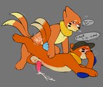 3_toes anal anal_orgasm anal_penetration animal_genitalia animal_penis anthro balls blush bodily_fluids buizel clothing cum cum_while_penetrated cumshot dialogue digital_media_(artwork) dirty_talk duo ejaculation english_text erection feet fur generation_4_pokemon genital_fluids genitals hands-free hat headgear headwear hi_res intraspecies kai_(mr.smile) male male/male male_penetrated male_penetrating male_penetrating_male mr.smile nintendo nude orgasm penetration penis pokemon pokemon_(species) premature_ejaculation profanity semi-anthro sex sheath simple_background tapering_penis text toes