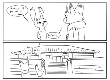 anthro asking asking_another asking_why border clothed clothing dialogue duo ellipsis female looking_at_another male name_drop name_in_dialogue outside question shirt speech_bubble talking_to_another text topwear white_border judyhopps44 disney zootopia judy_hopps nick_wilde canid canine fox lagomorph leporid mammal rabbit red_fox true_fox 11:8 2021 comic english_text hi_res monochrome