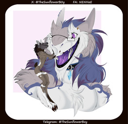 anthro brown_body brown_fur choker collar crystal duo ear_piercing extreme_size_difference eyebrow_piercing eyelashes eyewear facial_piercing fangs fluffy fur glasses grey_body grey_fur hooves jewelry long_eyelashes male male/male metal muscular necklace nude open_mouth piercing purple_body purple_eyes purple_fur purple_mouth short_tail simple_background size_difference slim small_tail tail teeth tongue tongue_piercing vitiligo wearing_glasses white_body white_fur kabarga nenhae mammal moschid musk_deer sergal absurd_res bust_portrait full-length_portrait hi_res portrait shaded trans_(lore) trans_man_(lore)