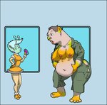 2019 6_breasts alien antennae_(anatomy) anymouse1968 barefoot blue_eyes breast_growth breasts clothing duo ear_piercing feet female gender_transformation growth hair hand_on_belly holding_object human human_to_humanoid humanoid humanoid_pointy_ears mammal military_uniform mtf_transformation multi_breast multi_breast_growth nipples open_mouth overweight piercing short_hair side_view smile species_transformation torn_clothing transformation uniform weight_gain what white_hair yellow_body
