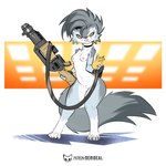 ammunition anthro breasts claws collar female fluffy fluffy_tail genitals grey_hair gun hair letters nude orange_eyes pink_nose pussy ranged_weapon simple_background smile smirk solo standing symbol tail text weapon white_background kiaun mammal mink mustelid musteline true_musteline 1:1 2024 colored digital_drawing_(artwork) digital_media_(artwork) english_text hi_res icon shaded signature url