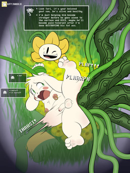 3_toes abdominal_bulge anal anal_penetration anthro balls dialogue duo feet flower forced genitals humanoid_genitalia humanoid_penis male male_penetrated nipple_piercing nipple_ring nipples one_eye_closed open_mouth penetration penis piercing plant rape restrained ring_piercing selfcest sex shota spread_legs spreading square_crossover text toes vines young kiffy_(artist) undertale undertale_(series) asriel_dreemurr flowey_the_flower boss_monster_(undertale) bovid caprine elemental_creature flora_fauna flower_creature goat mammal absurd_res digital_media_(artwork) english_text hi_res