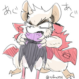 ambiguous/ambiguous ambiguous_gender anthro big_ears cheek_tuft clothing duo facial_tuft fluffy fur head_in_mouth head_tuft holding_another mouse_ears mouse_tail purple_clothing red_clothing round_ears semi-anthro simple_background tail text torn_ear tuft white_background white_body white_fur tyfna2731 mina_the_hollower yacht_club_games beast_mina_(mina_the_hollower) thorne_(mina_the_hollower) bat mammal mouse murid murine rodent 1:1 2026 colored_sketch japanese_text sketch
