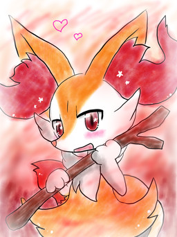 3_fingers ambiguous_anthro ambiguous_gender anthro arm_tuft biped black_body blurred_background blush cheek_tuft chest_tuft dipstick_tail facial_tuft fingers flat_chested front_view fur heart_symbol hip_tuft holding_object holding_stick inner_ear_fluff looking_at_viewer markings multicolored_body multicolored_fur nude_ambiguous nude_anthro open_mouth open_smile pointy_ears prick_ears red_eyes red_inner_ear_fluff red_tail_tip shoulder_tuft simple_background smile solo standing stick tail tail_markings tapering_snout tuft two_tone_tail white_body white_fur yellow_body yellow_fur yellow_tail annyui0611 nintendo pokemon braixen canid generation_6_pokemon mammal pokemon_(species) 2021 absurd_res colored digital_drawing_(artwork) digital_media_(artwork) half-length_portrait hi_res portrait