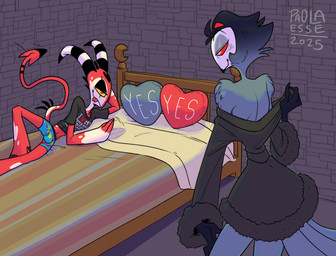 4_eyes 4_fingers anthro bathrobe beak bed bed_sheet bedding bedroom bedroom_eyes black_beak boxer_briefs boxers_(clothing) canon_couple clothing crescent_moon duo eye_contact eyebrows feather_hair feathers feet fingers forehead_mark forked_tongue furniture glowing_pupils grey_body grey_feathers half-closed_eyes hand_on_hip head_on_hand heart_(marking) heart_pillow heart_symbol hooves horn imminent_sex inside inviting inviting_to_sex looking_at_another lying lying_on_bed male male/male markings moon moon_symbol multi_eye multicolored_body narrowed_eyes navel on_bed on_side patting pillow pose print_clothing print_shirt print_t-shirt print_topwear pseudo_hair pupils red_body red_eyes red_sclera robe robe_only seductive shirt slit_pupils smile spade_tail spiked_tail spikes spikes_(anatomy) striped_horn striped_markings striped_tail stripes t-shirt tail tail_feathers tail_markings tail_motion tailwag talon_hands talons text text_on_clothing text_on_shirt text_on_topwear text_on_underwear toes tongue tongue_out topwear underwear undressing undressing_self yellow_sclera yes-no_pillow yes_pillow paolaessegraphics hellaverse helluva_boss image_comics invincible_(image_comics) blitzo_(helluva_boss) stolas_(helluva_boss) avian bird demon demon_humanoid horned_humanoid humanoid imp owl owl_demon 2025 artist_name english_text hi_res meme watermark
