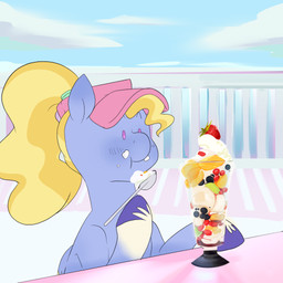 blonde_hair clothing cutlery dessert dot_eyes eating female feral food fruit hair hat headgear headwear hooves ice_cream kitchen_utensils leg_markings markings plant ponytail purple_eyes simple_eyes socks_(marking) solo spoon strawberry sundae tools visor_cap wings aztrial hasbro mlp_g5 my_little_pony mythology fifi_(mlp) equid equine mammal mythological_creature mythological_equine pegasus 1:1 hi_res
