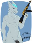 3:4 ak-74m ak_platform anthro big_penis blue_eyes farrythedragon fur genitals gun hi_res holding_gun holding_object holding_ranged_weapon holding_weapon kane_decobray male mature_male mohawk penis pose posing_for_picture presenting ranged_weapon sergal solo weapon white_body white_fur