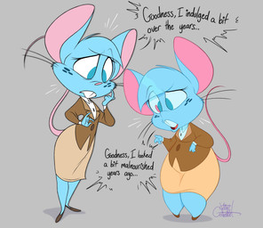 anthro big_ears blue_body blue_eyes blue_fur blue_hair bottomwear buckteeth cartoon_freckles clothing dialogue duo female freckled_face freckles fur hair overweight skirt speech_bubble tail talking_to_self teeth text silentjack mia_mouse mammal mouse murid murine rodent english_text hi_res signature