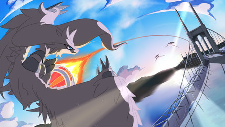 ambiguous_gender blue_eyes blue_sky bridge cloud feral fire flying fur light sea sky solo sun sunlight water white_body white_fur adetuddymax nintendo pokemon generation_5_pokemon legendary_pokemon pokemon_(species) reshiram absurd_res hi_res