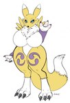 anthro big_breasts breasts butt cleavage clothed clothing female futatsudomoe huge_thighs overweight solo symbol symbol_on_clothing symbol_on_thigh thick_thighs tomoe_(symbol) wave yin_yang ashwolves5 bandai_namco digimon canid digimon_(species) mammal renamon hi_res