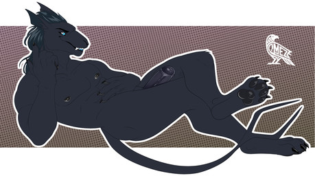 anthro balls claws erection feet fur genitals looking_at_viewer lying male nipples nude pawpads paws penis piercing ring smile tail tongue omez