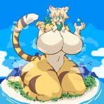 anthro barefoot big_breasts big_butt blonde_hair blush body_size_growth breast_expansion breasts butt butt_expansion expansion featureless_breasts feet female gem green_eyes growth hair huge_breasts huge_butt huge_thighs hyper hyper_breasts hyper_butt hyper_thighs island kerchief kneeling landscape_dwarfing macro navel plant size_transformation smile solo tail thick_thighs thigh_expansion transformation tree water wide_hips yellow_body baronflint cygames world_flipper mia_(world_flipper) ambient_bird felid mammal pantherine tiger 1:1