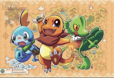 ambiguous_gender badge biped blue_body claws feral finger_claws fire flaming_tail green_body group map messenger_bag orange_body scarf semi-anthro tail toe_claws frandrawer nintendo pokemon pokemon_mystery_dungeon spike_chunsoft charmander generation_1_pokemon generation_3_pokemon generation_8_pokemon pokemon_(species) sobble treecko 2019 hi_res shaded signature watermark