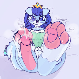 anthro blue_body blue_eyes bodily_fluids clothing coy crown dress duo embarrassed erection feet female foot_fetish foot_focus foot_lick foot_play footjob fur gem genital_fluids genitals hair headgear hindpaw licking long_hair male male/female multicolored_body multicolored_fur pawpads paws penile penis princess raised_foot royalty saliva sex shy slim steam sweat sweaty_feet tail tears text tongue vulva clusterful yu-gi-oh! fairy_tail-rella canid canine duel_monster mammal 1:1 hi_res