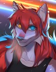 anthro blue_eyes ear_piercing female fur hair heterochromia inner_ear_fluff piercing red_body red_fur red_hair smile solo tuft twilight yellow_eyes paper_demon legend_of_ahya taylor_renee_wolford_(darkflamewolf) canid canine canis mammal wolf bust_portrait hi_res icon portrait