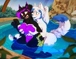 anthro bath bathing bent_legs black_body black_ears black_fur black_hair black_tail blue_eyes blue_hair blue_nose blue_pawpads blue_tail blue_tongue blush breast_grab breasts claws detailed_background duo fangs female female/female fur genitals hair hand_on_breast happy kneeling kneeling_in_water legs_in_water looking_at_another nipple_piercing nipples nude open_mouth outside partially_submerged pawpads paws piercing pink_tongue purple_body purple_ears purple_eyes purple_fur purple_hair purple_nipples pussy smile submerged_legs submerged_tail tail tail_out_of_water teeth tongue water wet wet_body wet_fur white_body white_ears white_fur white_hair white_tail hakkids2 amber_puppy canid canine canis felid feline mammal wolf absurd_res digital_media_(artwork) hi_res shaded herm_(lore)