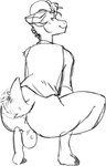 anthro anus backsack balls bottomless bovid butt caprine clothed clothing genitals hi_res looking_at_viewer looking_back male mammal monochrome nolansnsfw pantsless presenting presenting_anus presenting_balls presenting_hindquarters sheep shirt shirt_only solo squatting_position tail tail_motion tailwag topwear topwear_only