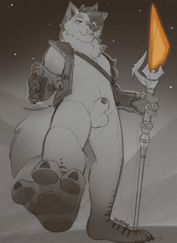 3_toes animal_genitalia balls feet foot_focus genitals lightsaber lightsaber_polearm male melee_weapon orange_lightsaber pawpads penis penis_tip polearm robotic_arm sheath solo spear toes weapon silveredge star_wars absurd_res hi_res