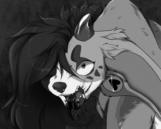 bathing big_ears blood blood_from_mouth blood_in_mouth bodily_fluids cloud ears_down facial_markings female feral fur gore hair head_markings horn long_ears long_hair markings muzzle_(object) open_mouth pivoted_ears solo teeth shyryp shyryp_(character) canid canine canis domestic_dog hybrid mammal 5:4 absurd_res digital_media_(artwork) hi_res monochrome portrait